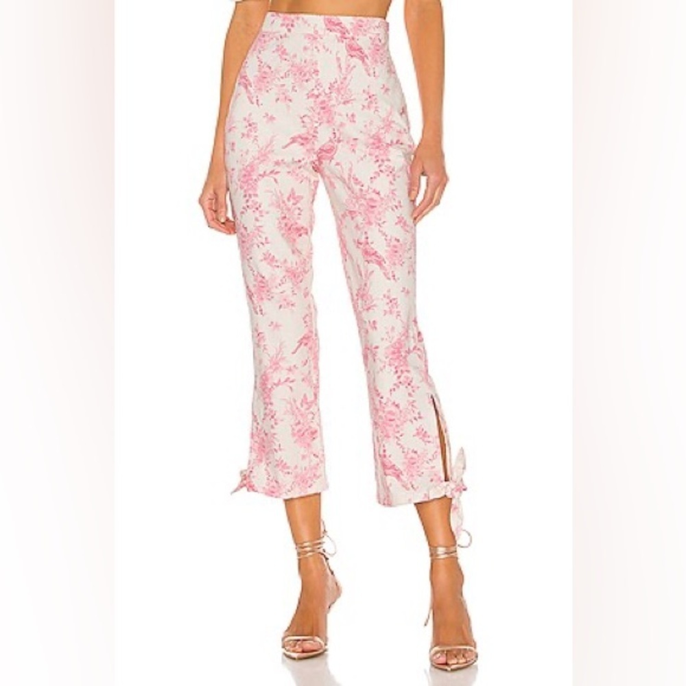 Majorelle Revolve Bird Pink Tie Ankle Linen Blend Brexley Pant in Parisian Multi